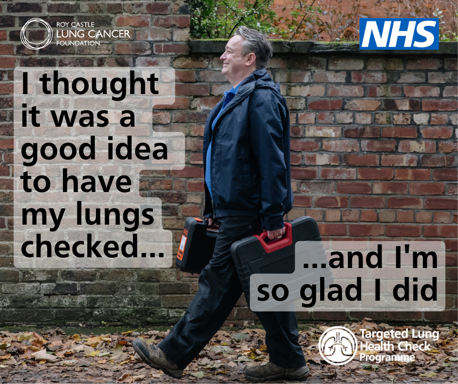 Man walking outdoors carrying equipment cases, with text stating, “I thought it was a good idea to have my lungs checked… and I’m so glad I did.”